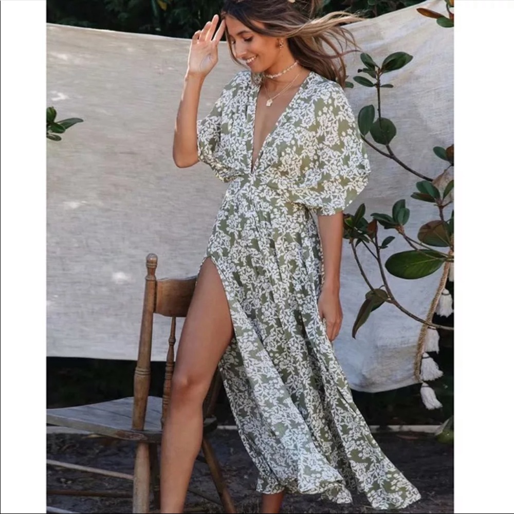 Green Leaf Floral Boho Gypsy Print Maxi Dress - Picture 2 of 9